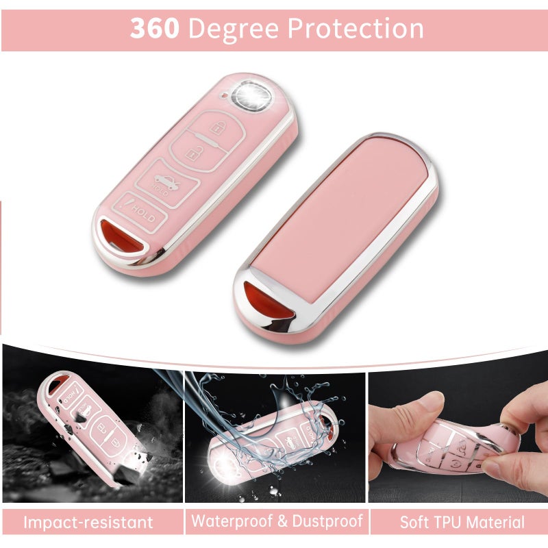 Pangpai Pink Car Accessories 3 Pcs for Mazda 3 6 8 Miata MX-5 CX-3 CX-5 CX-7 CX-9 Key Fob Cover with Bling Keychain Cute Push to Start Button Cover - Image 3